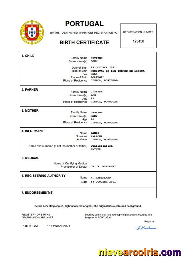Portugal birth certificate